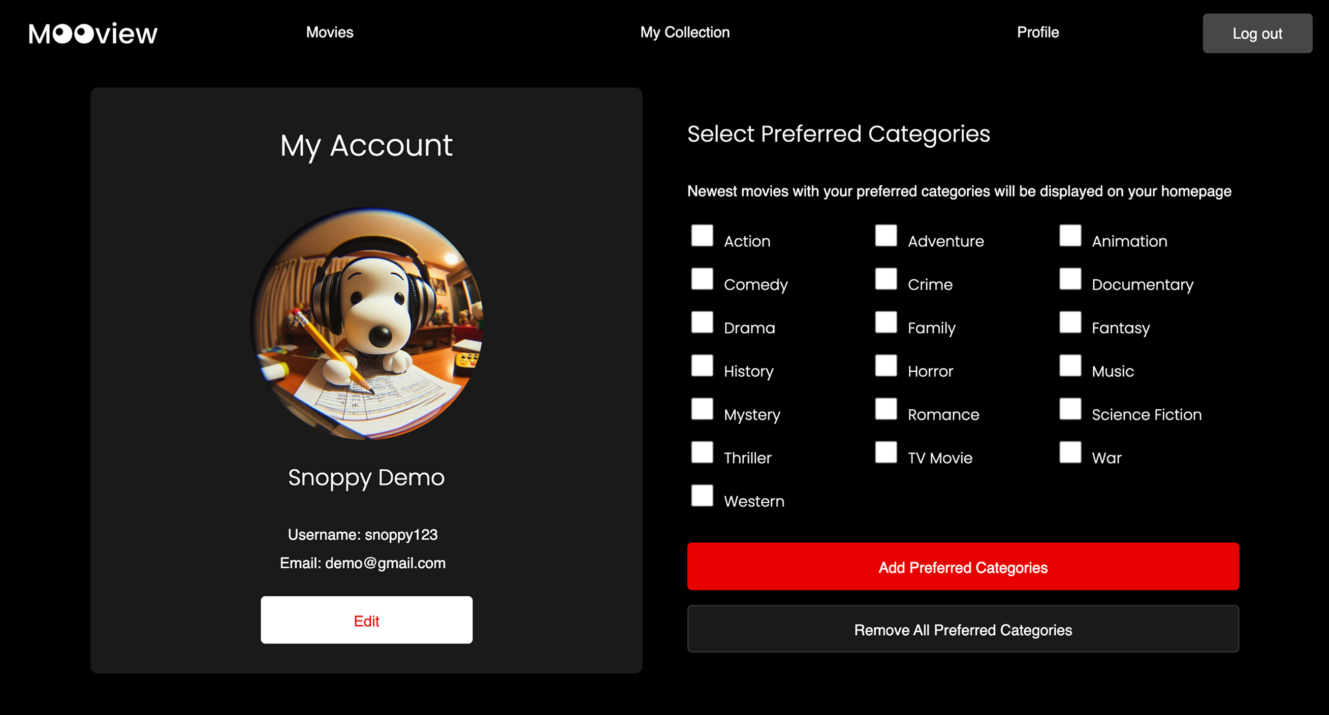 Profile page for members