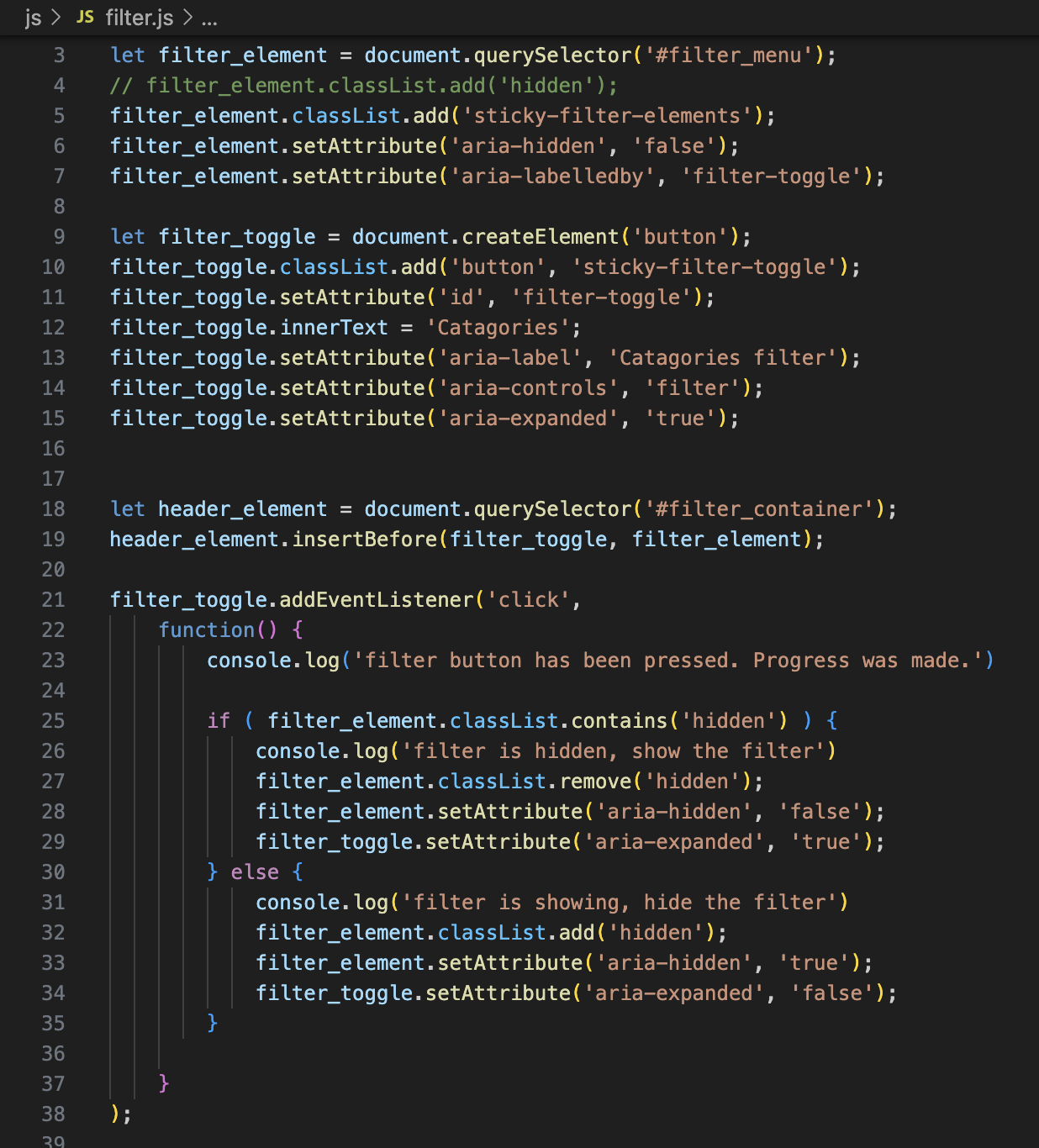 Code of implementing ARIA-labels in filter.js