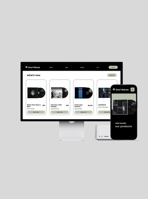 Mac and phone mockup of Soul Waves website homepage and shopping list.